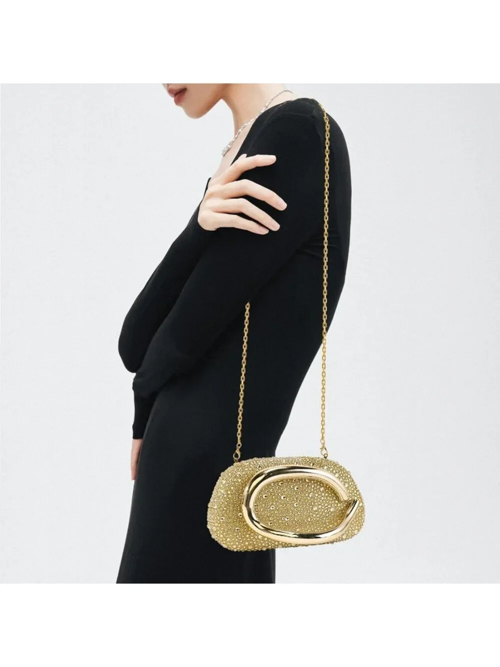 👜Women's Rhinestone Gold Acrylic Clutch Gold Handle Evening Bag Party